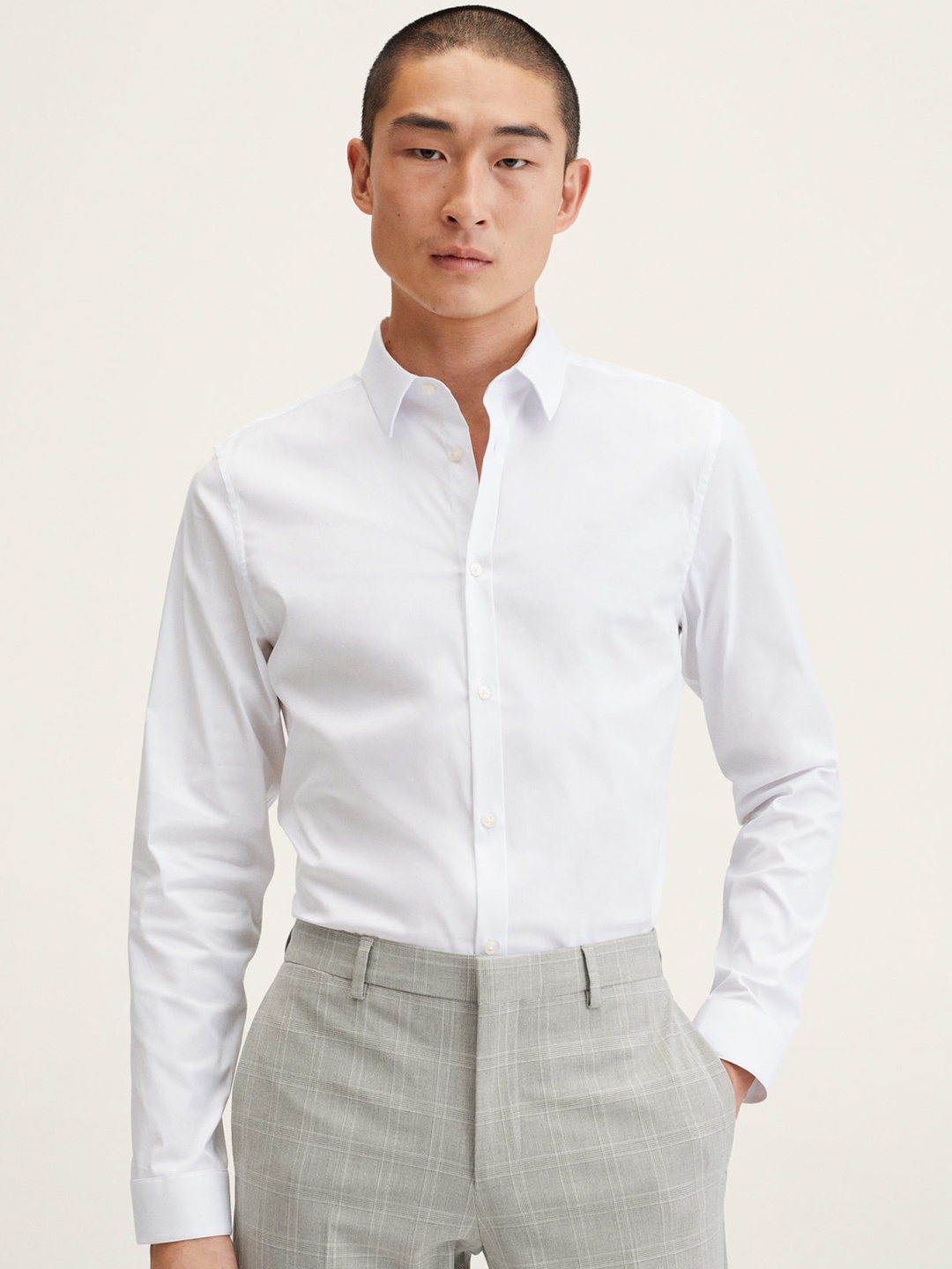 MANGO MAN White Solid Pure Cotton Super Slim Fit Tailored Formal Shirt