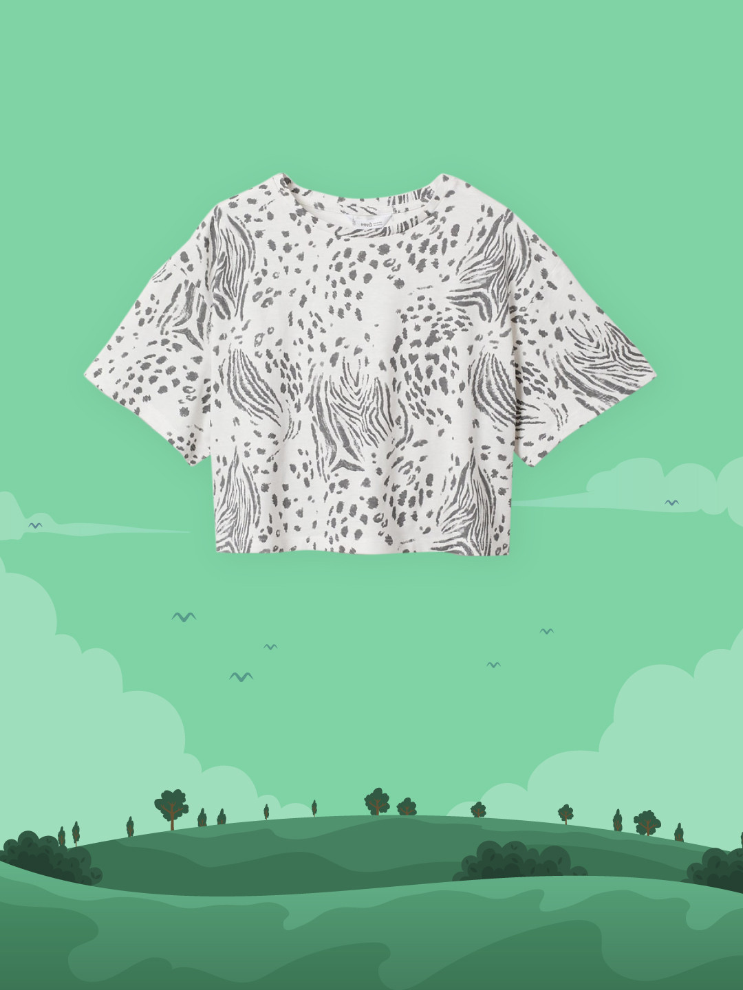 

Mango Kids Girls White & Charcoal Grey Zebra Drop-Shoulder Sleeves Cotton Crop T-shirt