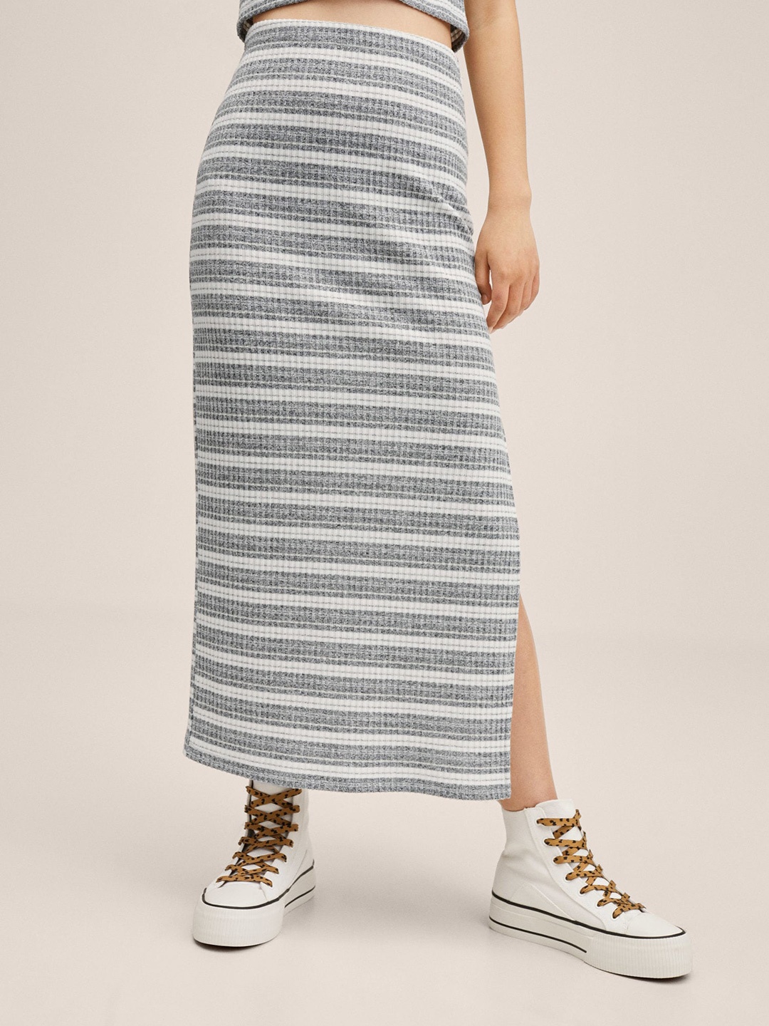 

Mango Kids Girls Grey Melange & White Striped Ribbed Side-Slit Midi Straight Skirt