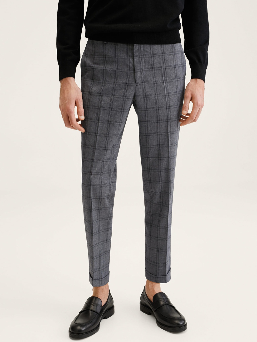 

MANGO MAN Men Grey Checked Slim Fit Trousers