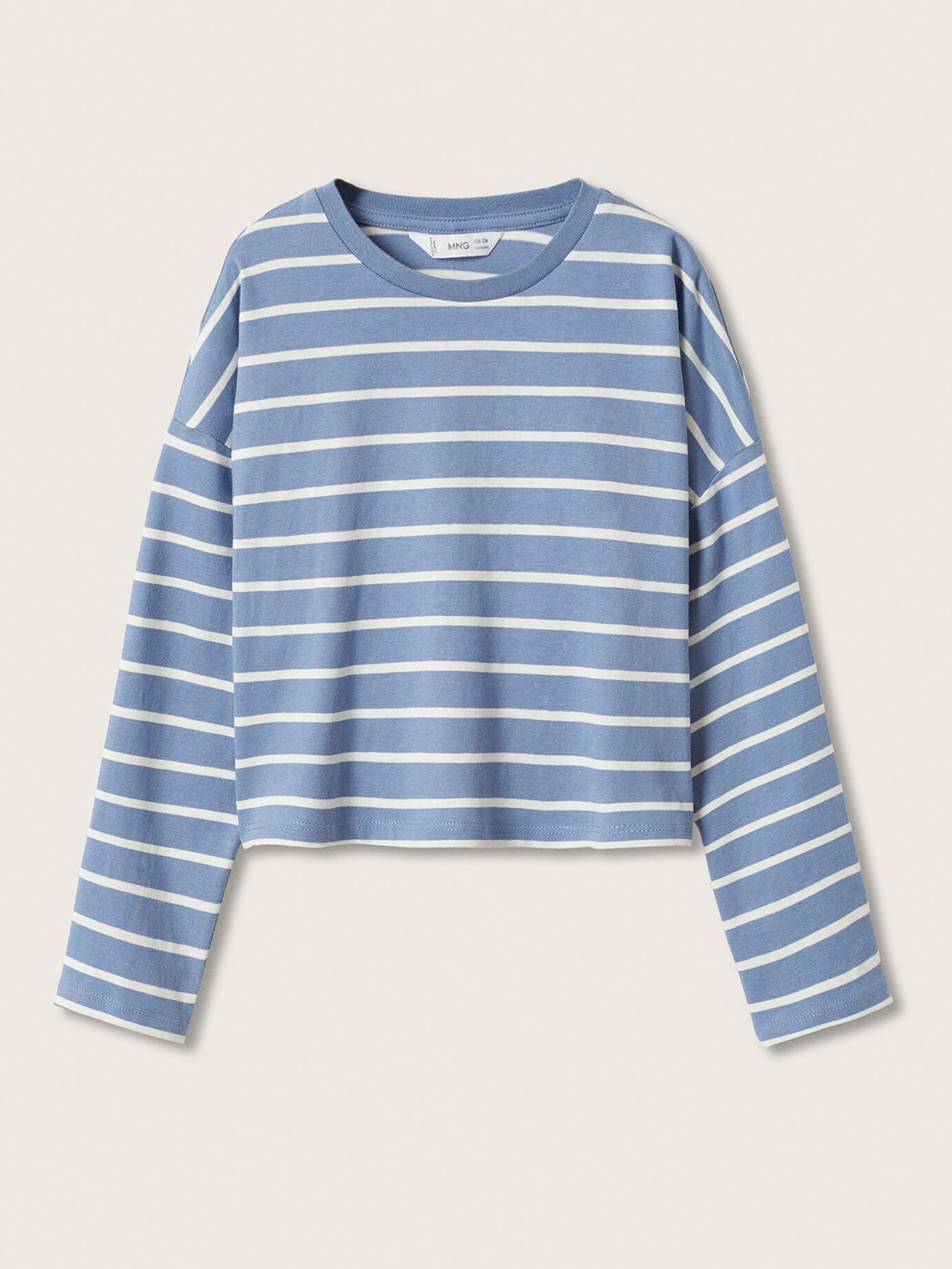 

Mango Kids Girls Blue & White Striped Pure Cotton Drop-Shoulder Sleeves T-shirt