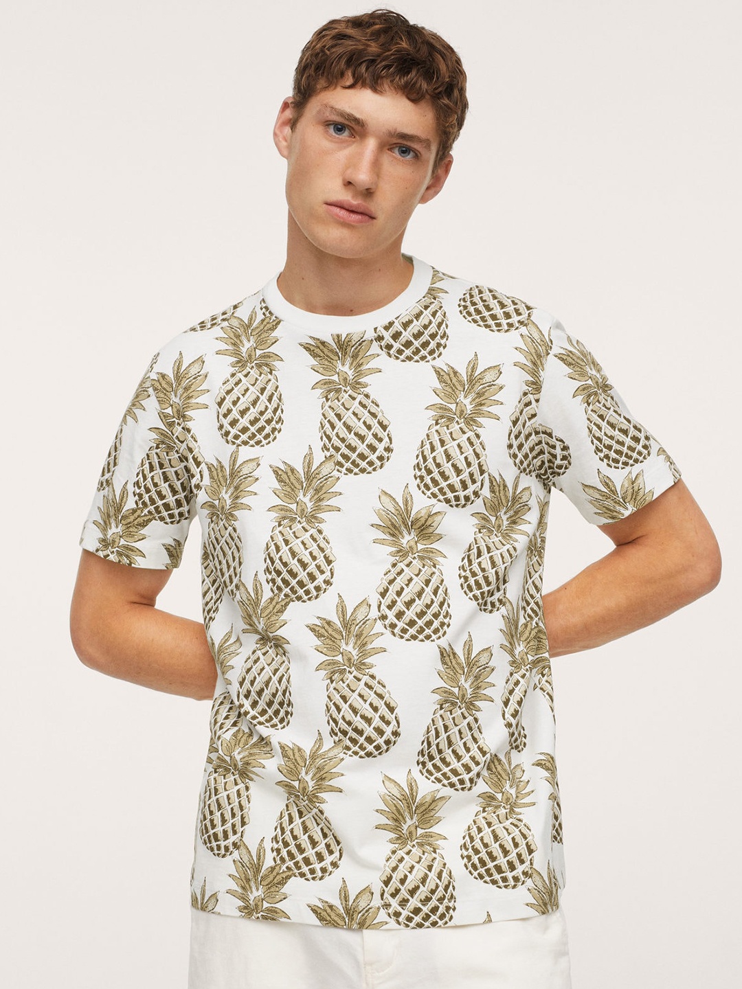 

MANGO MAN White & Brown Conversational Printed Pure Cotton T-shirt