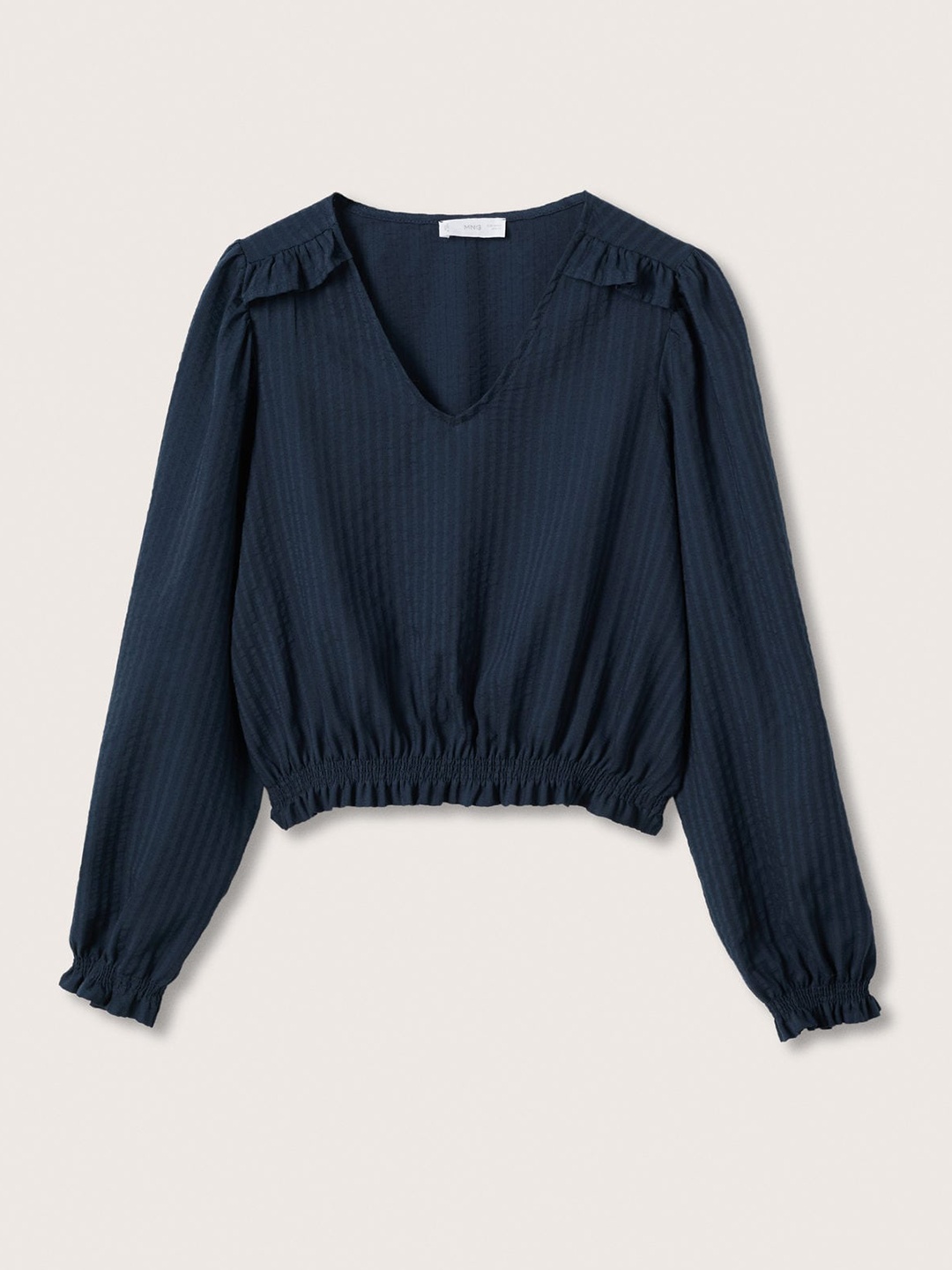 

Mango Kids Girls Navy Blue Self Striped Seersucker Ruffles Blouson Top