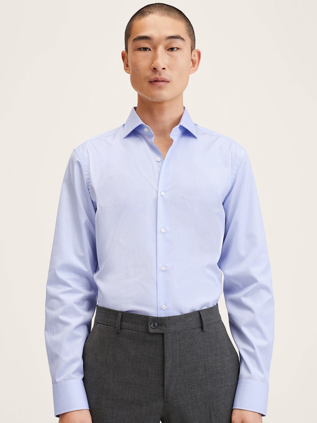 

MANGO MAN Blue Slim Fit Striped Pure Cotton Tailored Formal Shirt