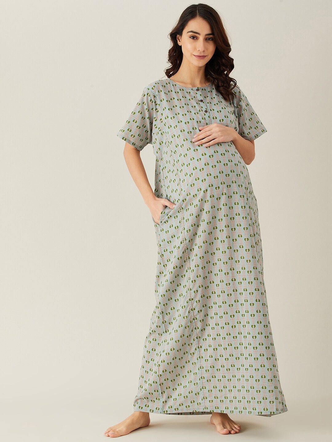 

The Kaftan Company Olive Green Printed Maternity Maxi Nightdress