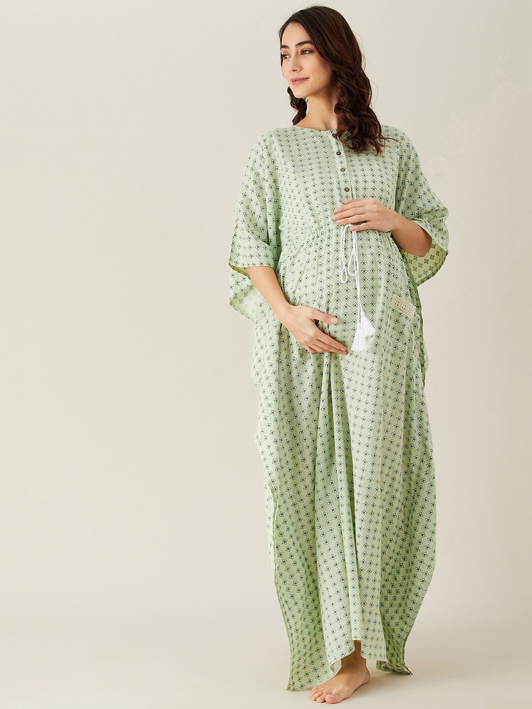 

The Kaftan Company Green Printed Maternity and Feeding Kaftan Maxi Nightdress