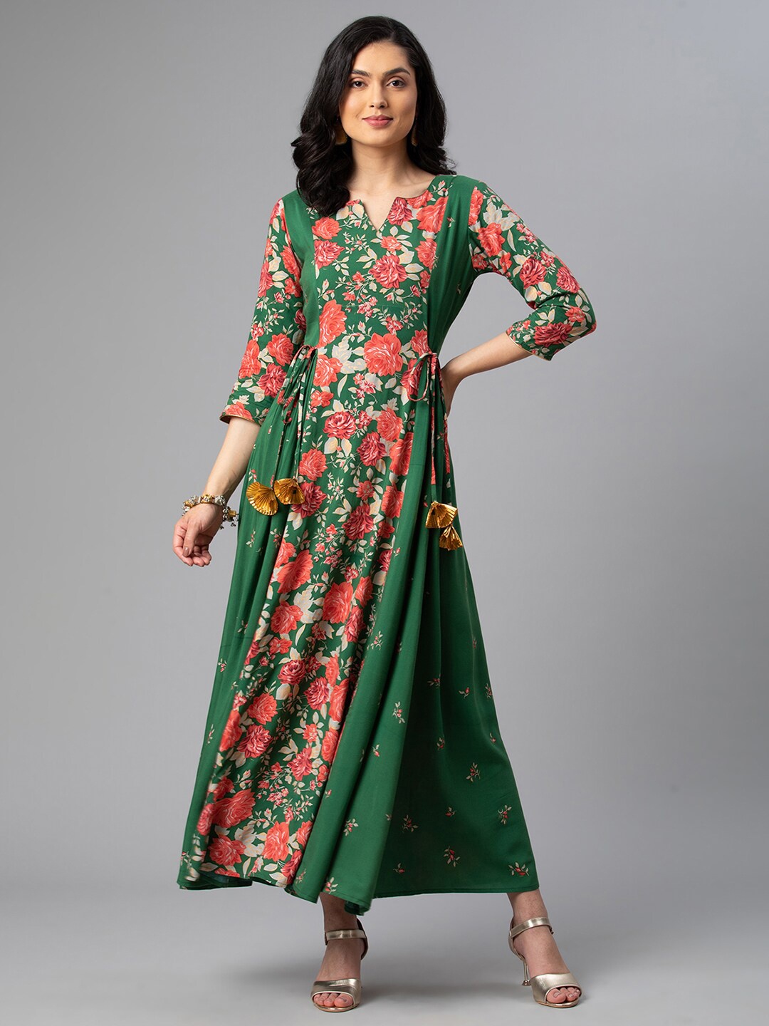 

Ahalyaa Green Floral Ethnic Maxi Dress