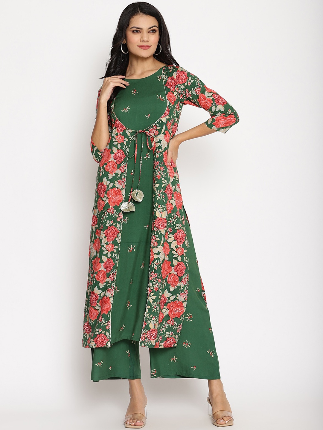 

Ahalyaa Women Green Floral Layered Gotta Patti Kurta with Palazzoss