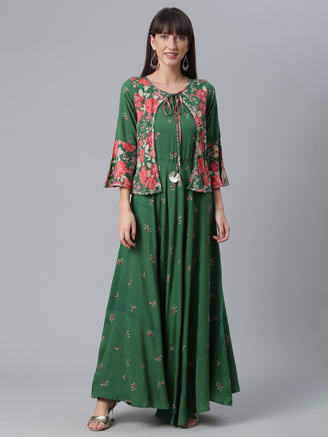 

Ahalyaa Women Green Floral Printed Tie-Up Neck Ethnic Maxi Dress