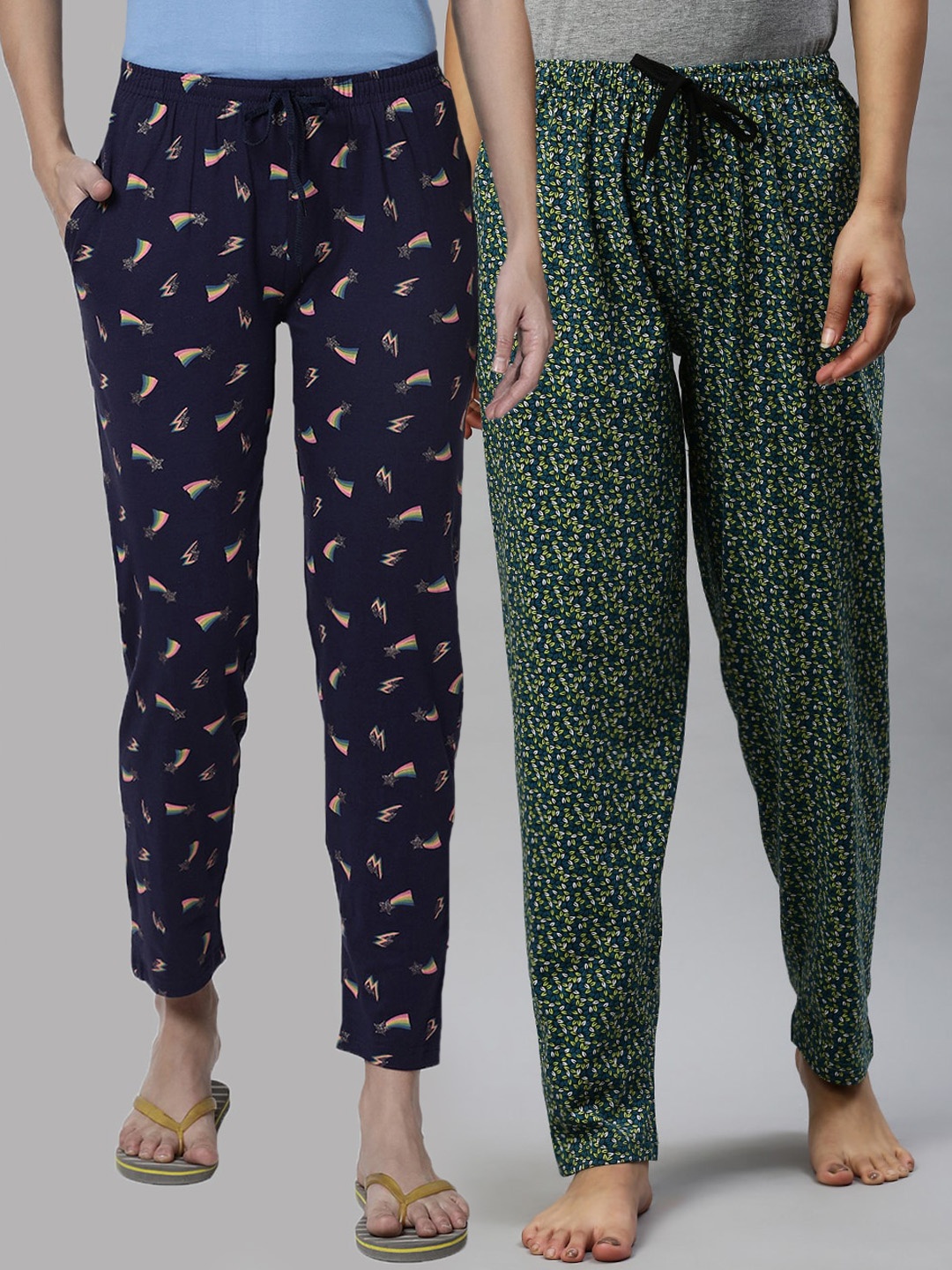 

Kryptic Woman Pack Of 2 Navy Blue & Green Cotton Printed Lounge Pants