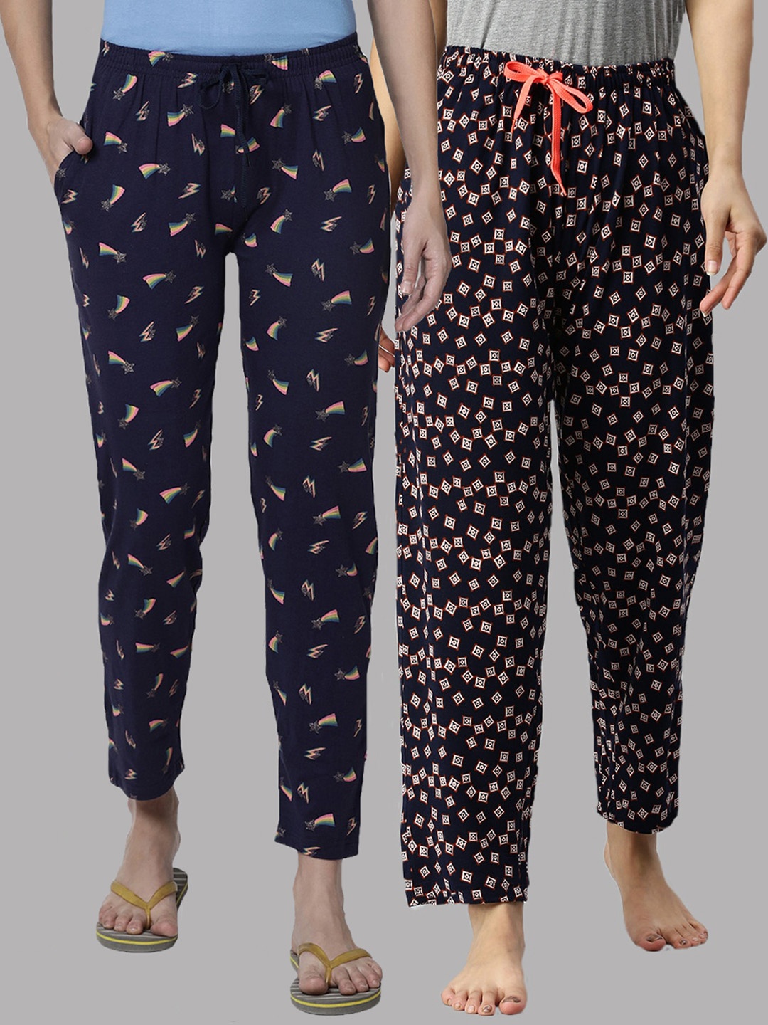 

Kryptic Women Pack Of 2 Navy Blue Printed Pure Cotton Lounge Pants