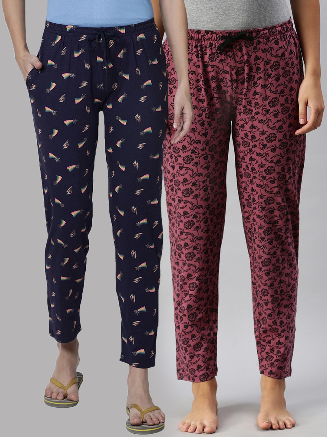 

Kryptic Women Navy Blue & Maroon Set Of 2 Printed Pure Cotton Lounge Pants