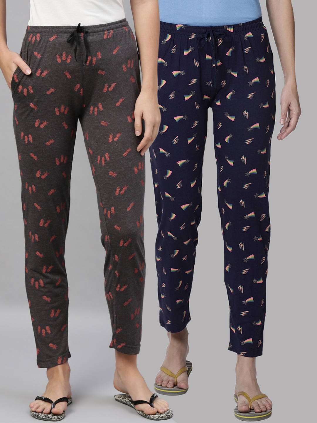 

Kryptic Woman Pack Of 2 Navy Blue & Grey Cotton Printed Lounge Pants