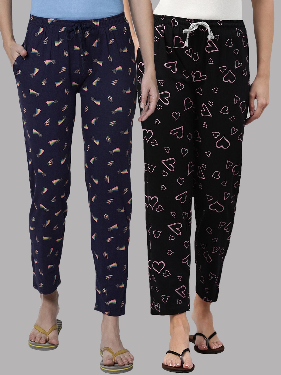 

Kryptic Women Pack Of 2 Navy Blue & Black Cotton Printed Lounge Pants