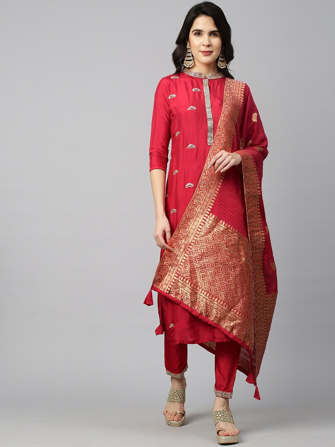 

FASHOR Women Coral Red Embroidered Pure Silk Kurta with Trousers & Brocade Dupatta