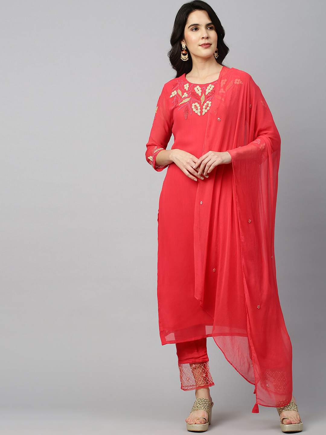 

FASHOR Women Pink Ethnic Motifs Printed Sequinned Top with Trousers