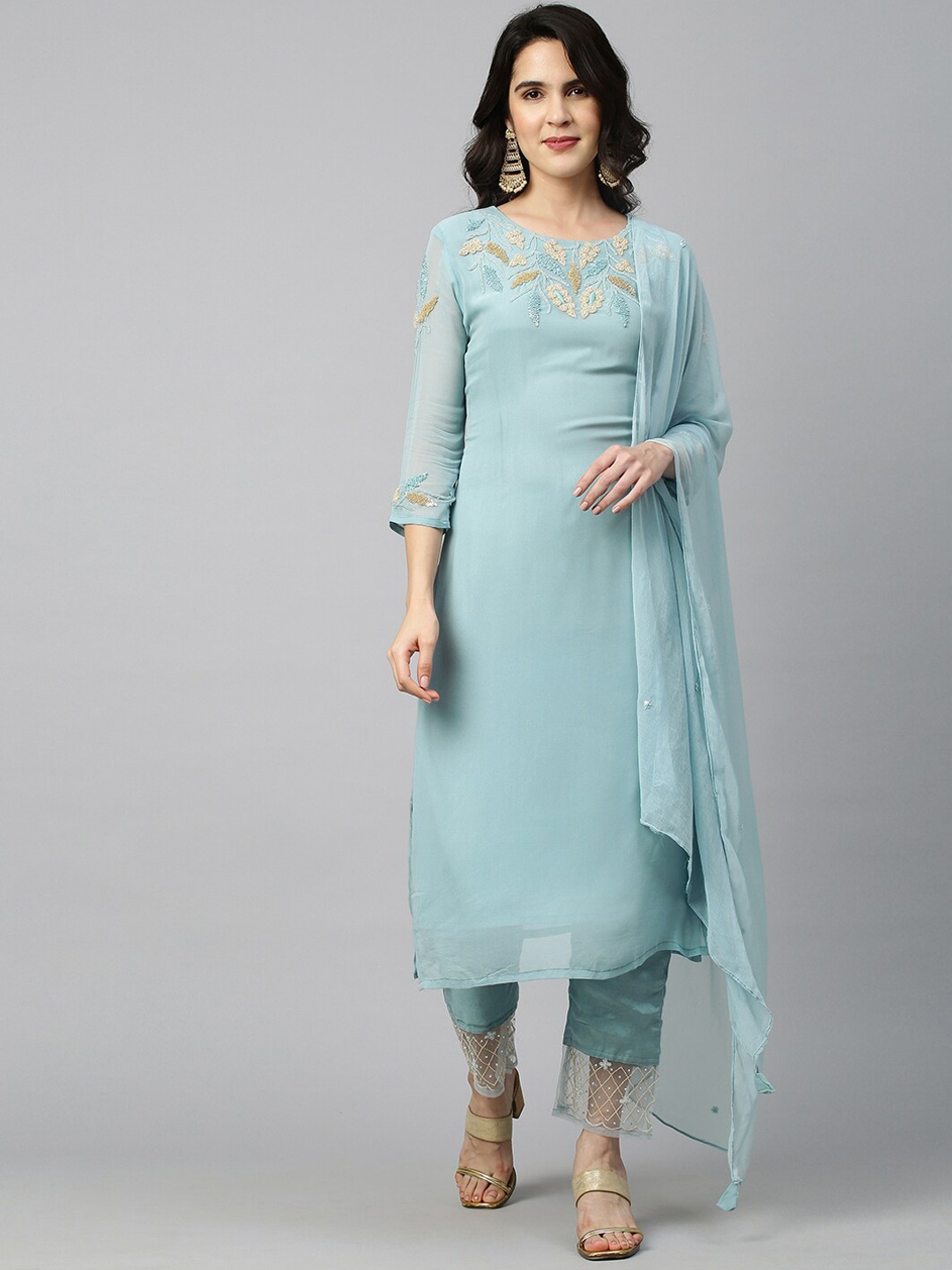 

FASHOR Women Blue Embroidered Sequinned Kurta with Trousers & With Dupatta