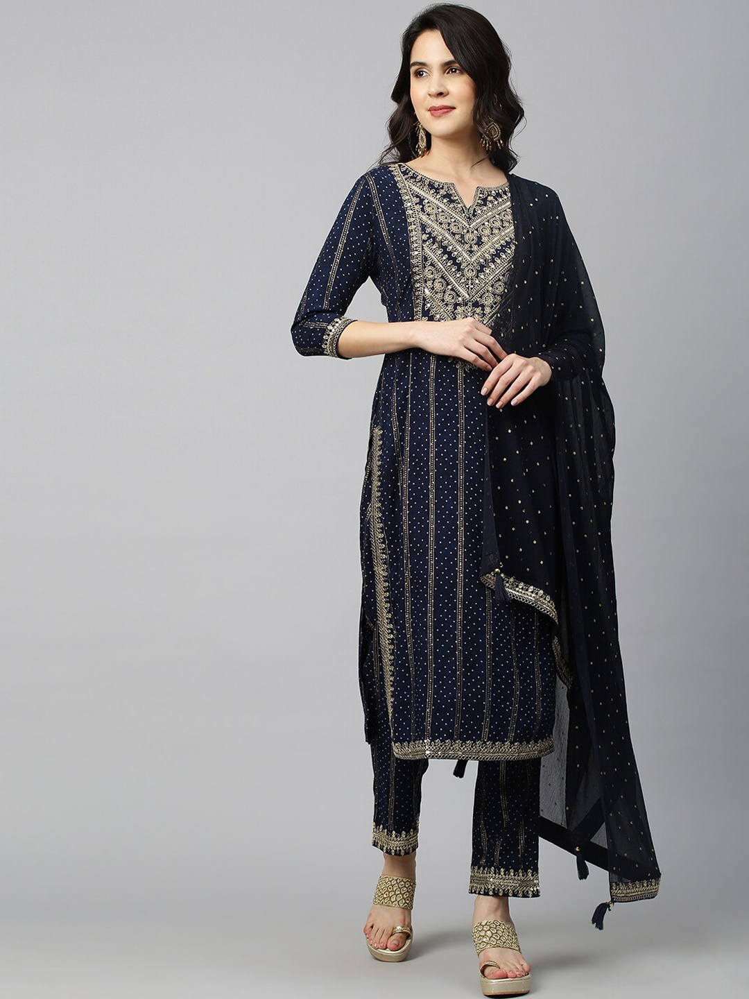 

FASHOR Women Blue Bandhani Printed Kurta with Palazzos & With Dupatta