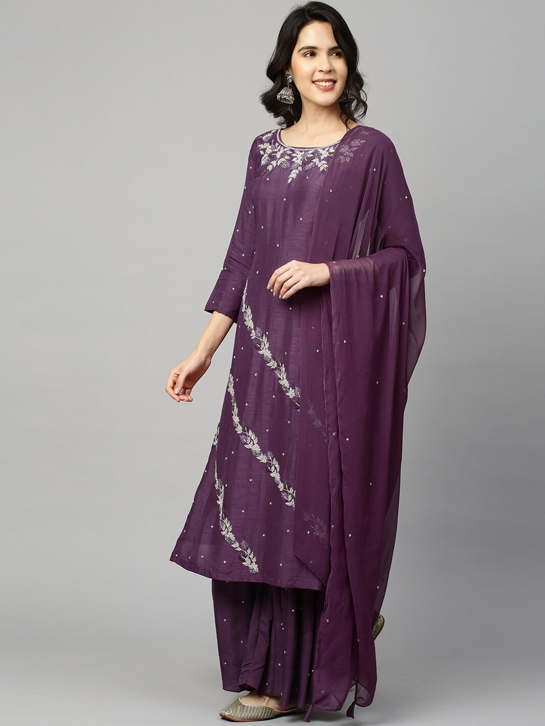 

FASHOR Women Purple Pleated Thread Work Pure Silk Top with Skirt
