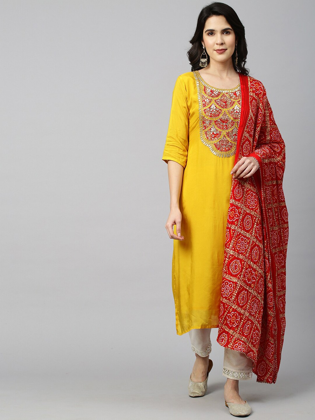 

FASHOR Women Yellow Embroidered Kurta with Bandhani Dupatta