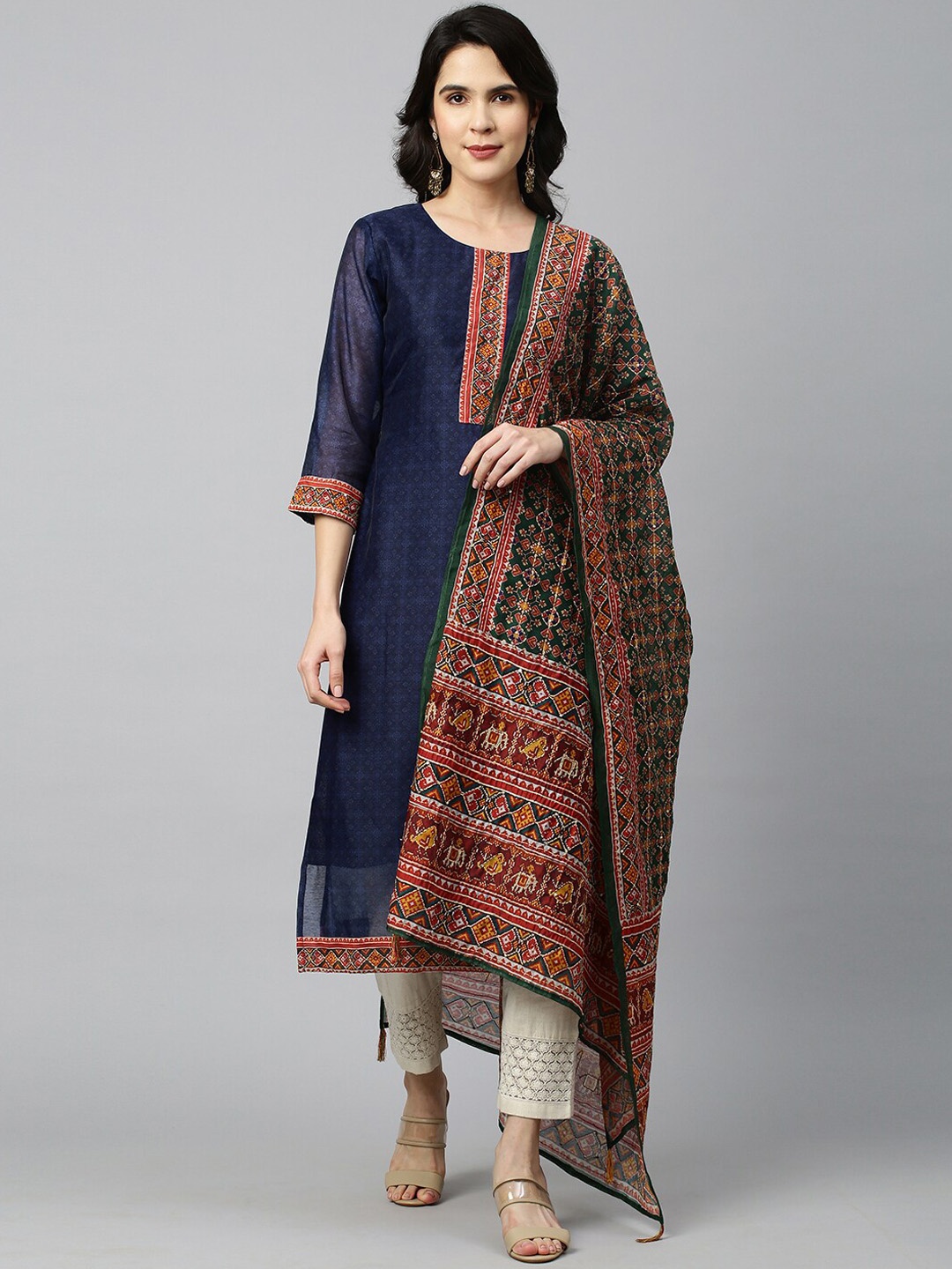 

FASHOR Women Blue Ethnic Motifs Printed Chanderi Silk Kurta With Duptta