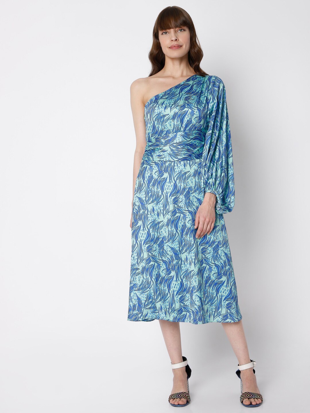 

Vero Moda Women Green & Blue Floral A-Line One Shoulder Dress