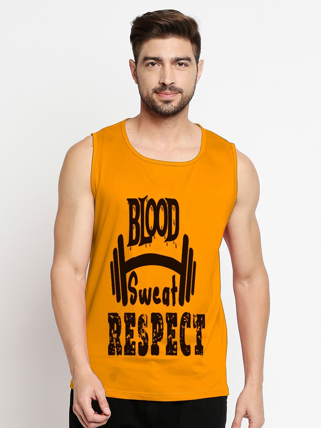 

Blacksmith Men Gold Typography Printed Training or Gym Cotton T-shirt