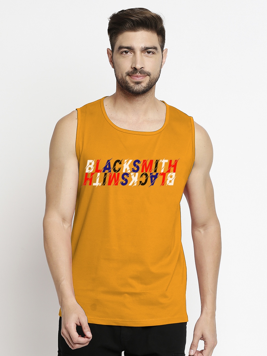 

Blacksmith Men Gold-Toned Typography Printed Pure Cotton Training or Gym T-shirt