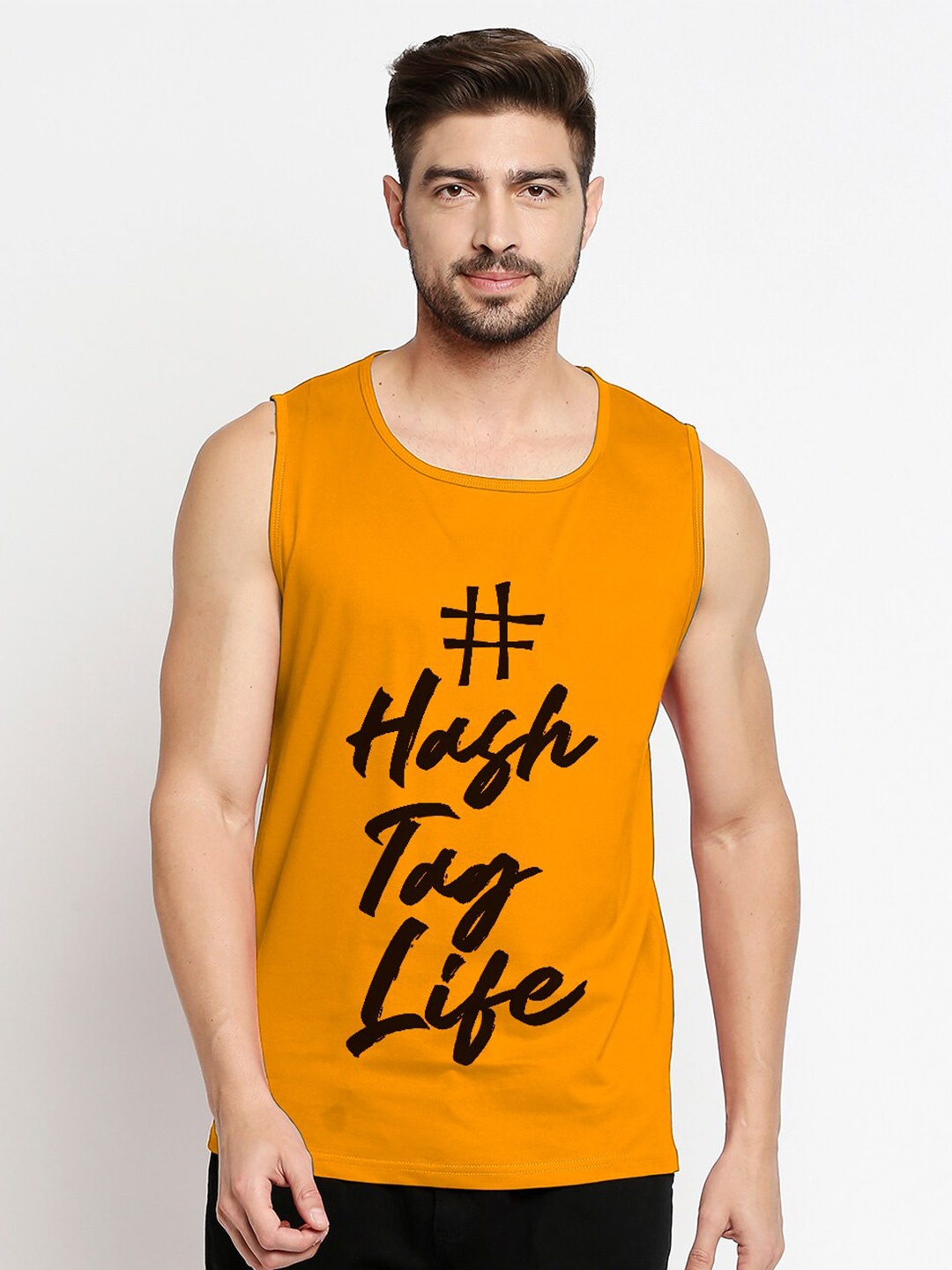 

Blacksmith Men Mustard-coloured Typography PrintedTraining or Gym T-shirt