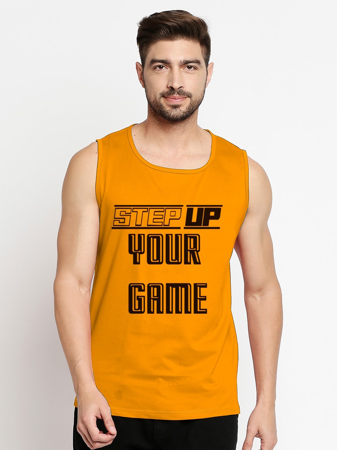 

Blacksmith Men Gold-Toned Typography Printed Raw Edge Training or Gym T-shirt