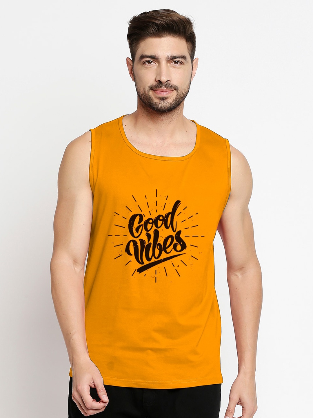 

Blacksmith Men Yellow & Black Printed Round Neck Cotton Training or Gym T-shirt
