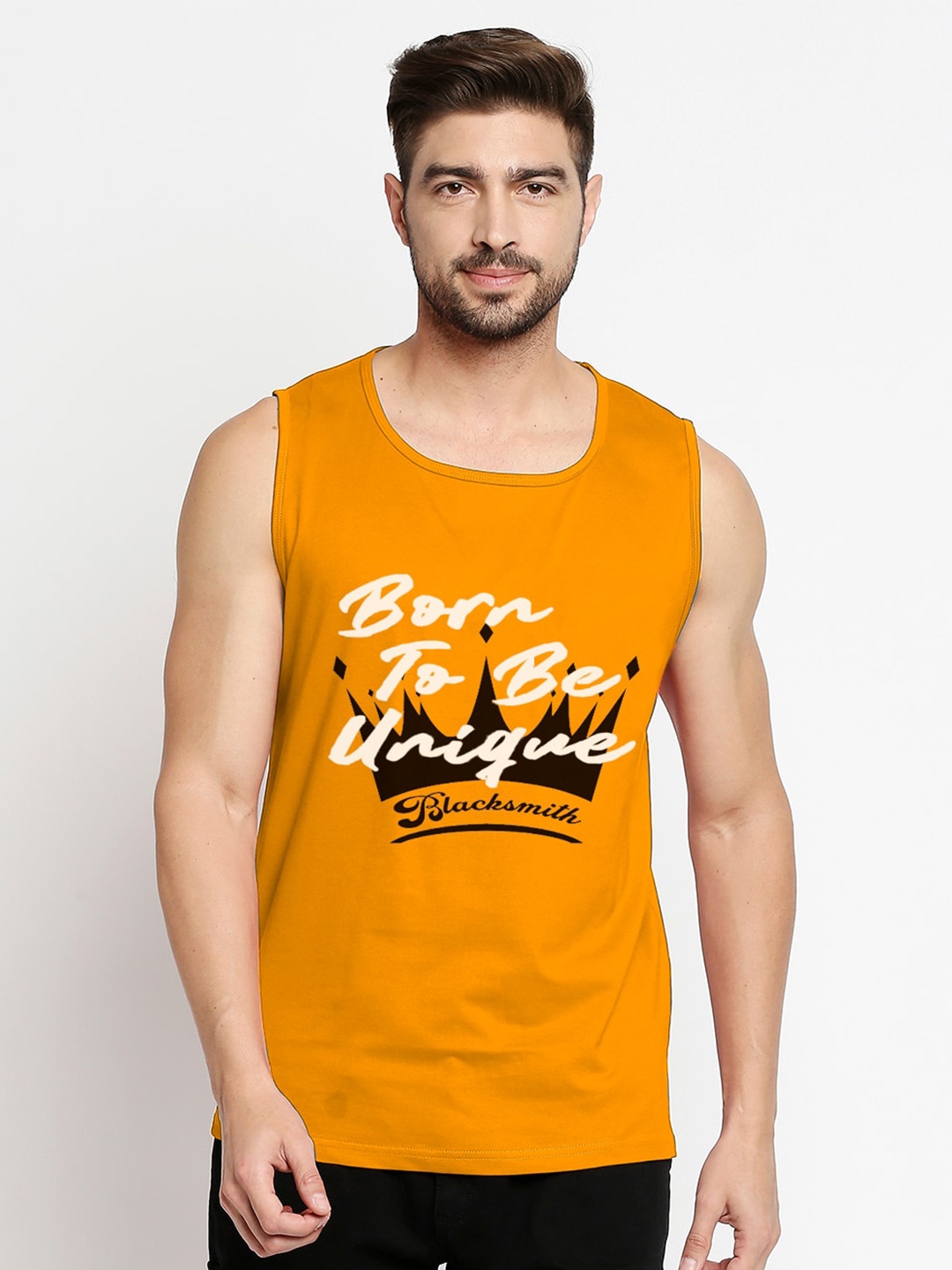 

Blacksmith Men Gold Typography Printed Training or Gym Cotton T-shirt