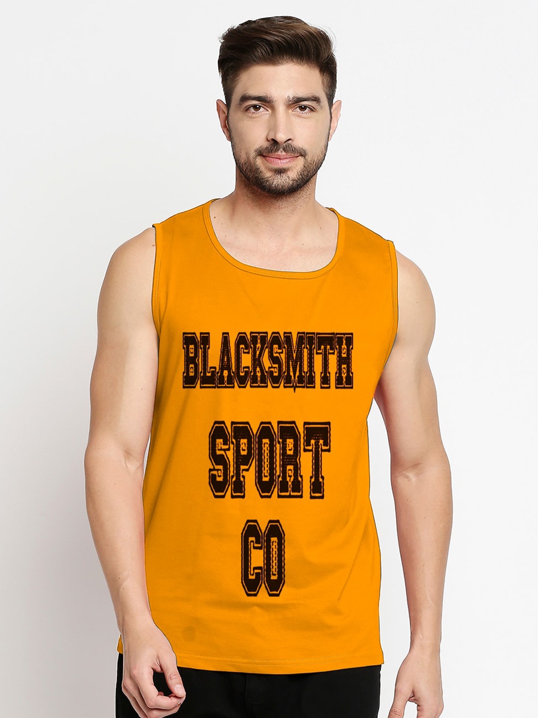 

Blacksmith Men Gold-Coloured Typography Printed Cotton Training or Gym T-shirt