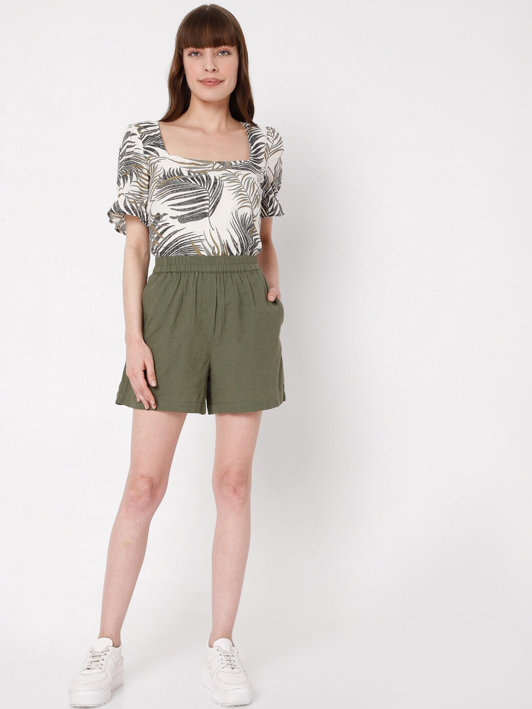 

Vero Moda Women Olive Green High-Rise Shorts