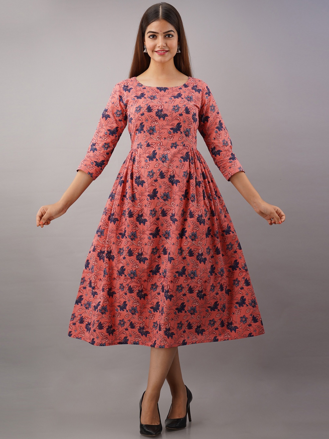 Women Touch Pink & Blue Ethnic Motifs Pure Cotton Ethnic Midi Dress