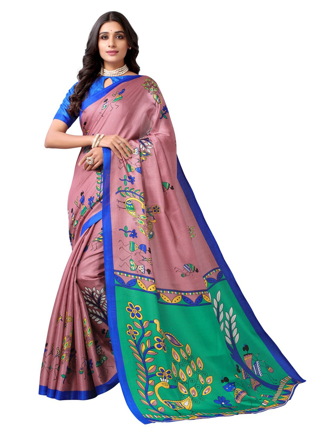 

KALINI Pink & Blue Warli Silk Cotton Saree