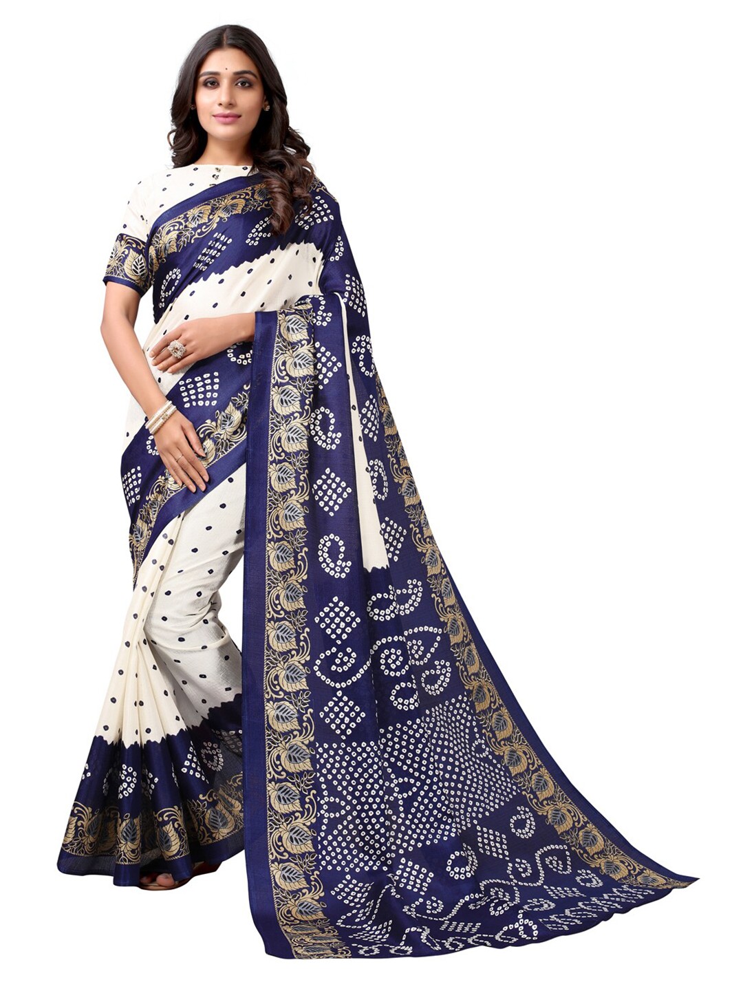 

KALINI Off-White & Navy Blue Bandhani Printed Silk Cotton Bandhani Saree