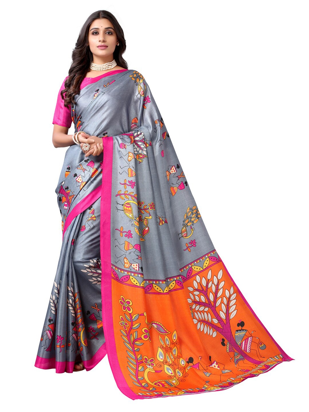 

KALINI Grey & Pink Warli Printed Silk Cotton Saree