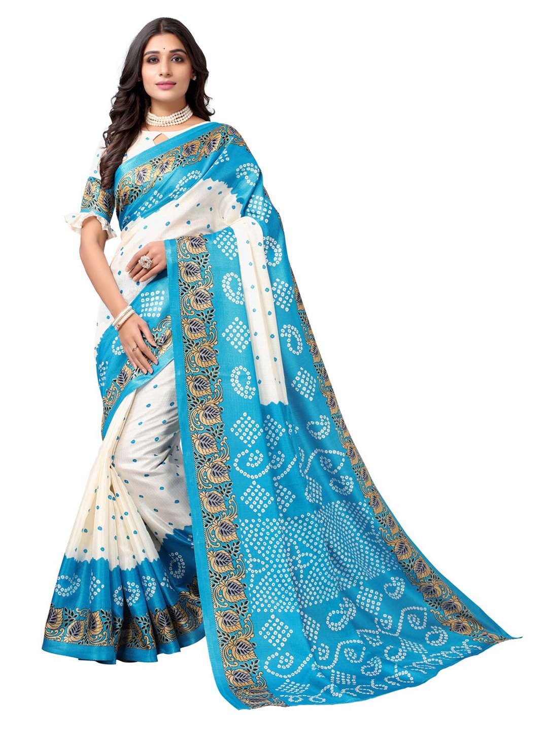 

KALINI Off White & Blue Printed Silk Cotton Bandhani Saree