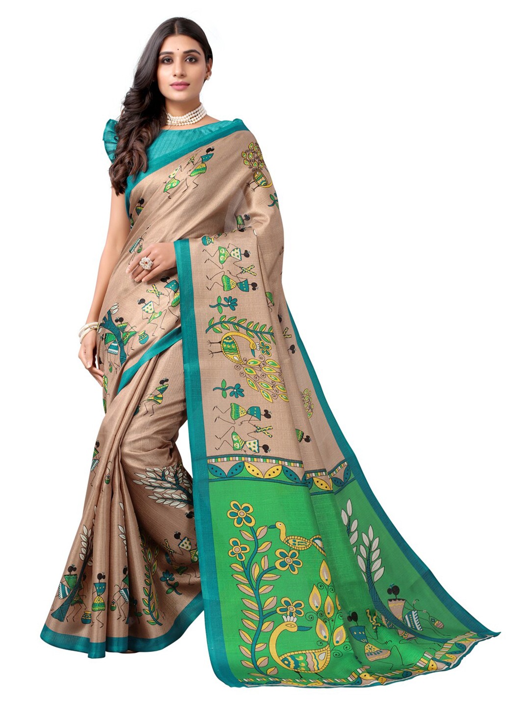 

KALINI Brown & Green Warli Silk Cotton Saree