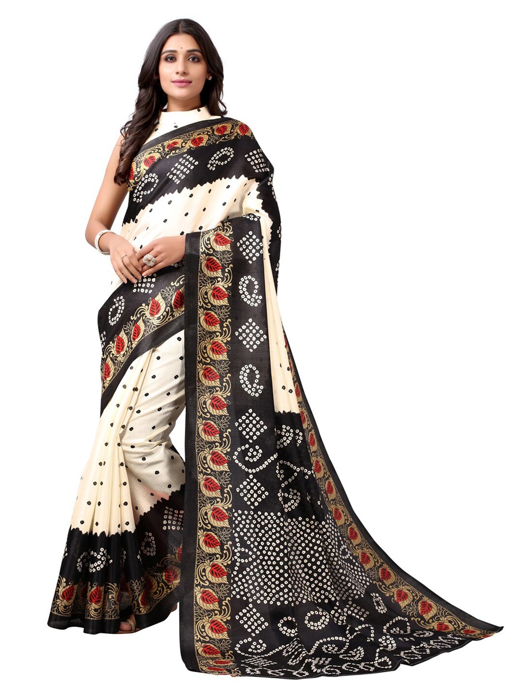 

KALINI Off-White & Black Bandhani Printed Silk Cotton Bandhani Saree