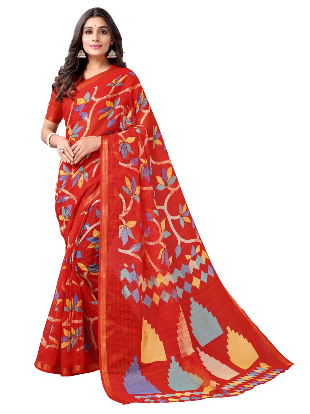 

KALINI Red & Blue Floral Printed Polycotton Saree
