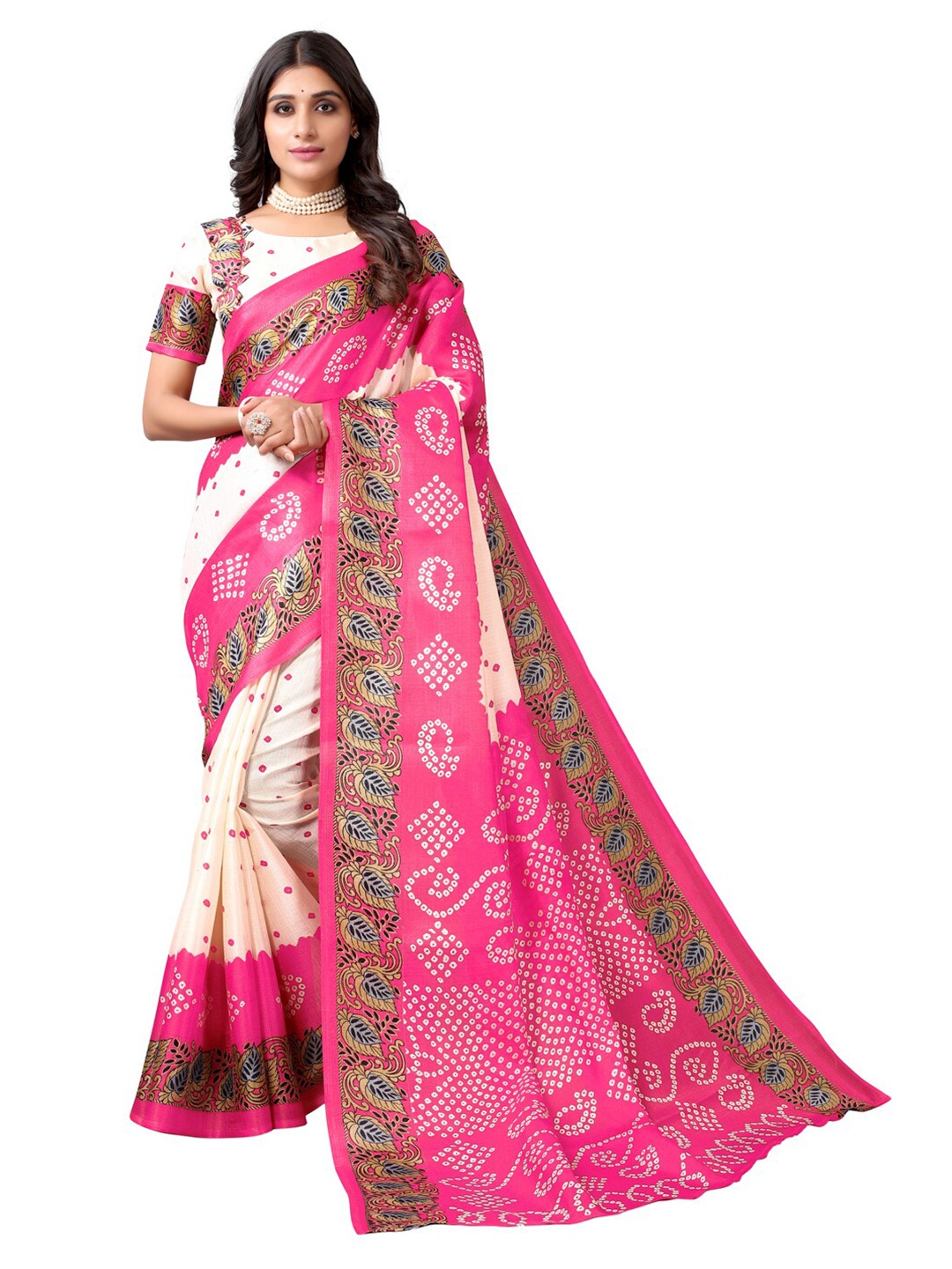 

KALINI Off White & Pink Bandhani Silk Cotton Bandhani Saree