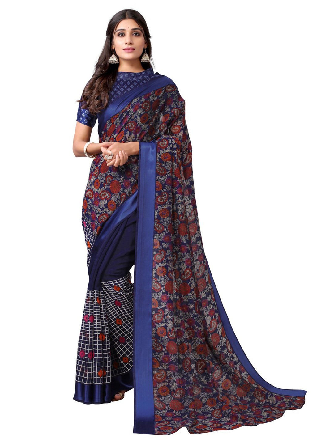 

KALINI Navy Blue & Red Floral Printed Poly Cotton Saree