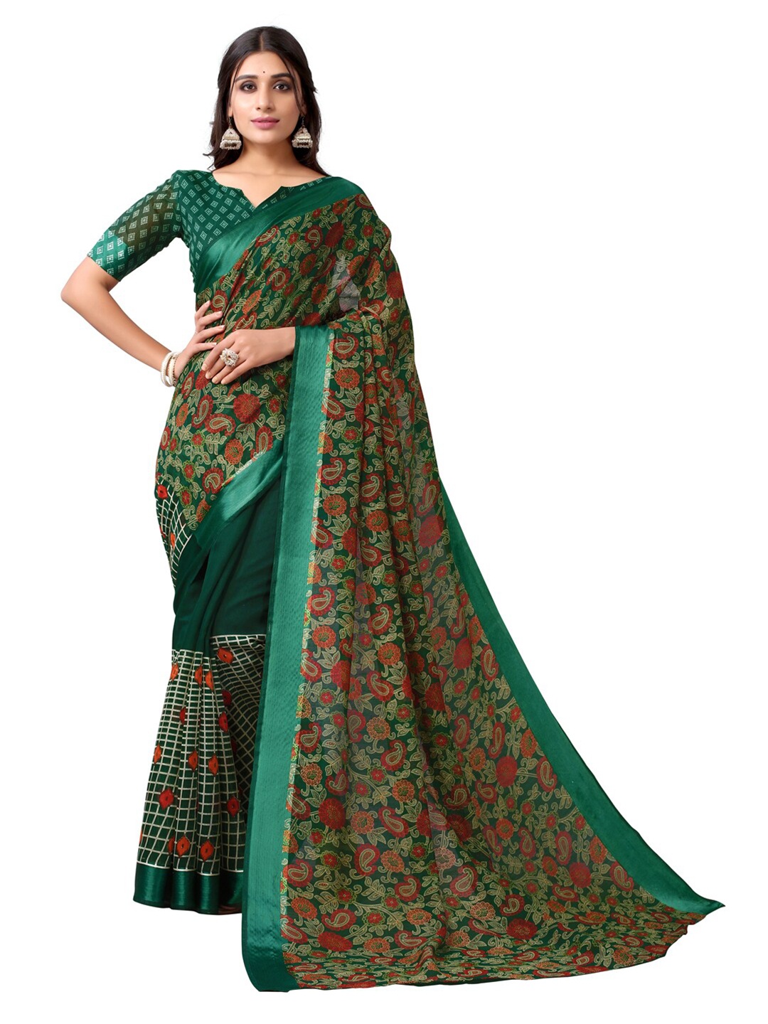 

KALINI Green & Red Floral Printed Saree