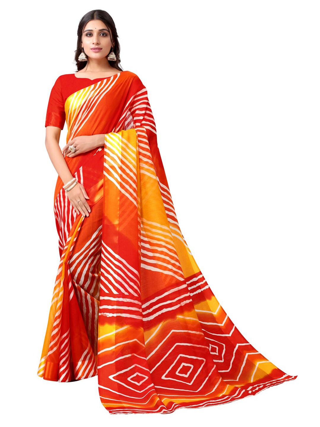 

KALINI Red & Yellow Leheriya Printed Poly Cotton Leheriya Saree