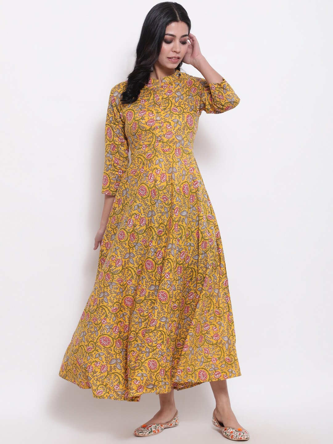 

GLAM ROOTS Yellow & Pink Floral Printed Ethnic Cotton Maxi Dress