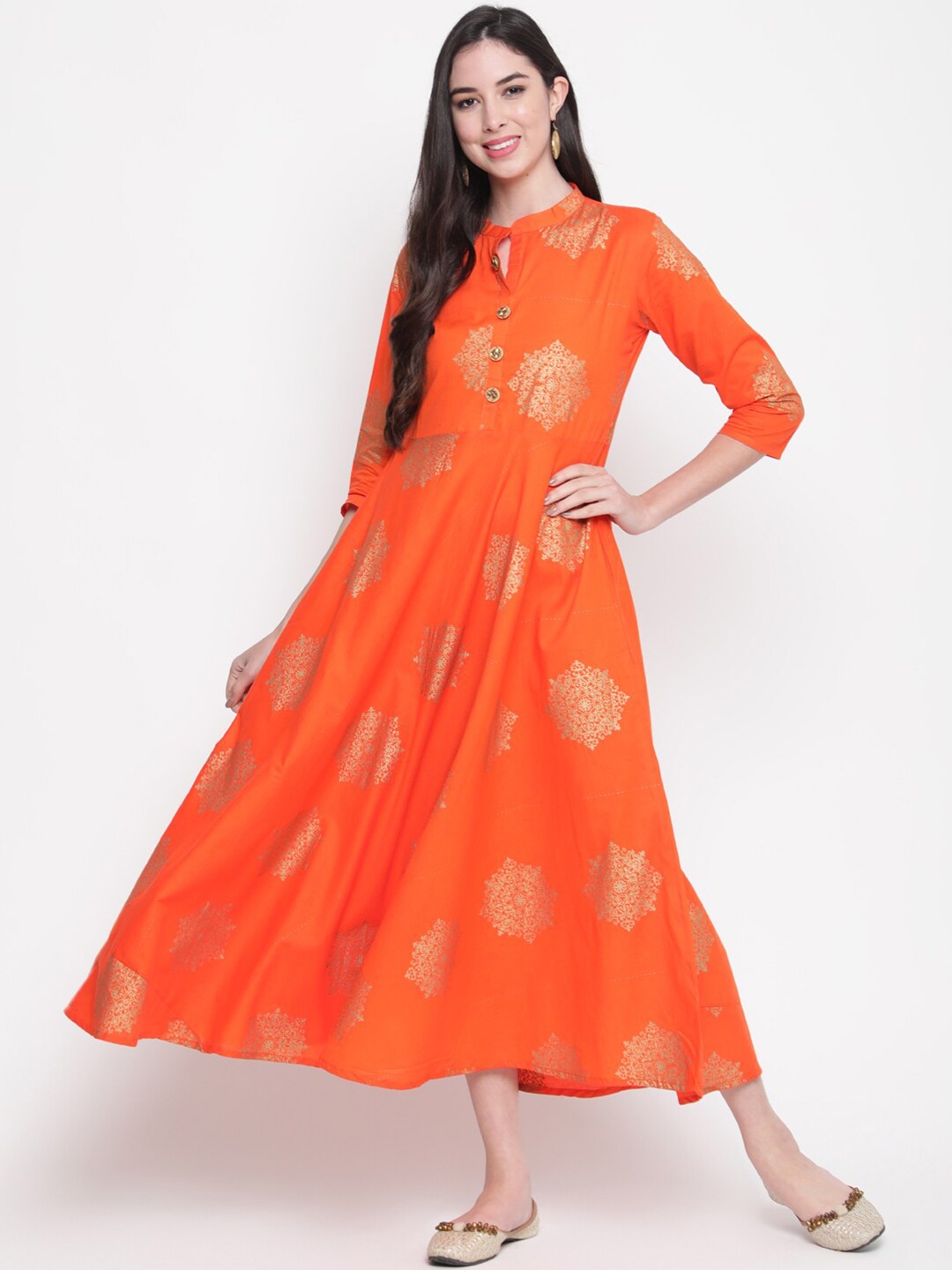 

GLAM ROOTS Orange & Gold-Coloured Ethnic Motifs Cotton Ethnic Maxi Dress
