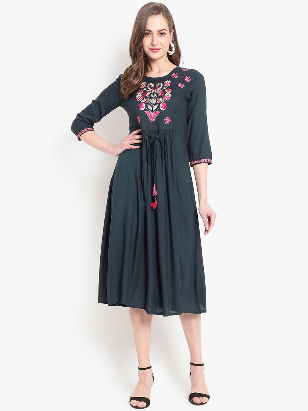 

Ashlee Women Green & Pink Ethnic Motifs Embroidered A-line Kurta