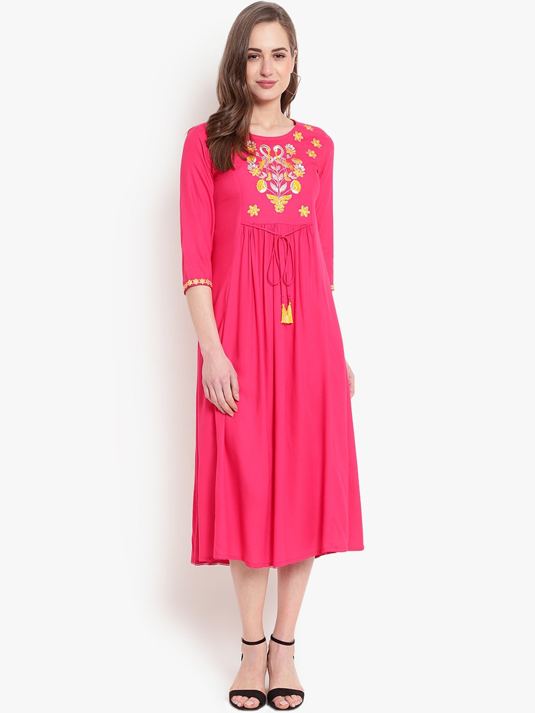 

Ashlee Women Pink & Yellow Floral Embroidered Kurta